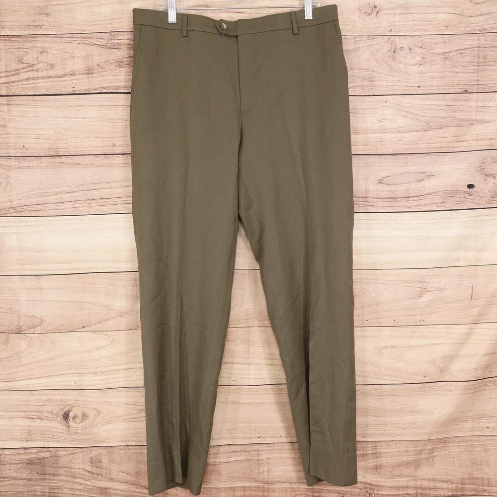Joseph & Feiss Gold Dress Pants 34R Brown Wool Flat Front Classic Fit (35x30)